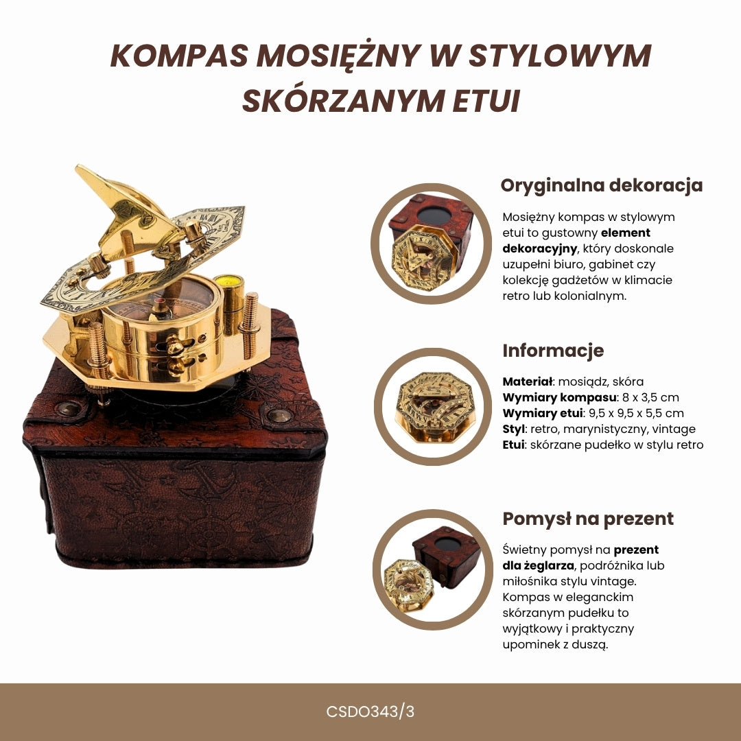 Messingkompass in stilvollem Lederetui mit Gravurmöglichkeit – Retro-Vintage-Geschenk für Reisende und Segler - 8 cm Höhe, elegantes Design aus Messing