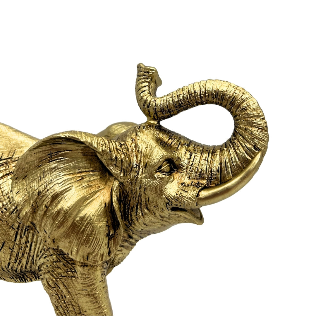 Goldener Elefant mit erhobenem Rüssel – elegante Dekofigur mit personalisierbarer Gravur, ideal als Geschenk – Höhe 20,5 cm, Material Polyresin