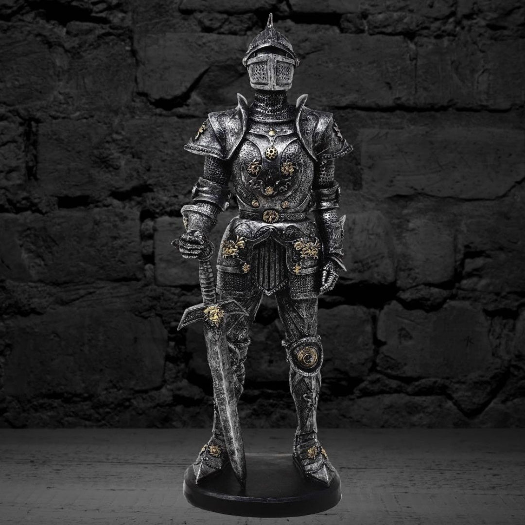 Dekorative Ritterfigur in Rüstung 39 cm silber mit Gravur-Personalisierung