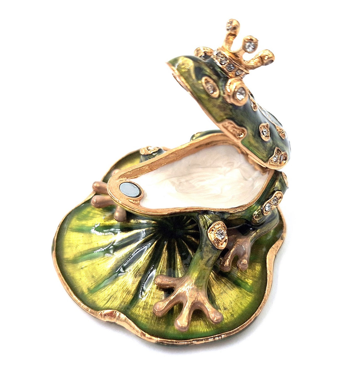 Exklusive Metall-Geschenkbox in Froschform mit Kristallen, dunkelgrün und gold, personalisierbare Gravur, ideales Geschenk, Maße 6,5x6,7x4,5 cm