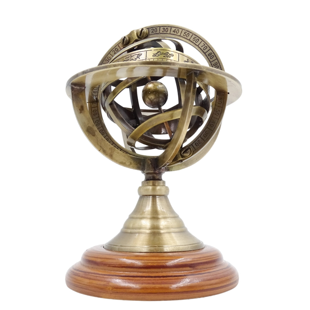 Messing-Astrolabium 14 cm mit Gravur – einzigartiges Geschenk für Astronomie-Liebhaber, elegante Dekoration aus Messing und Holz in Goldfarbe