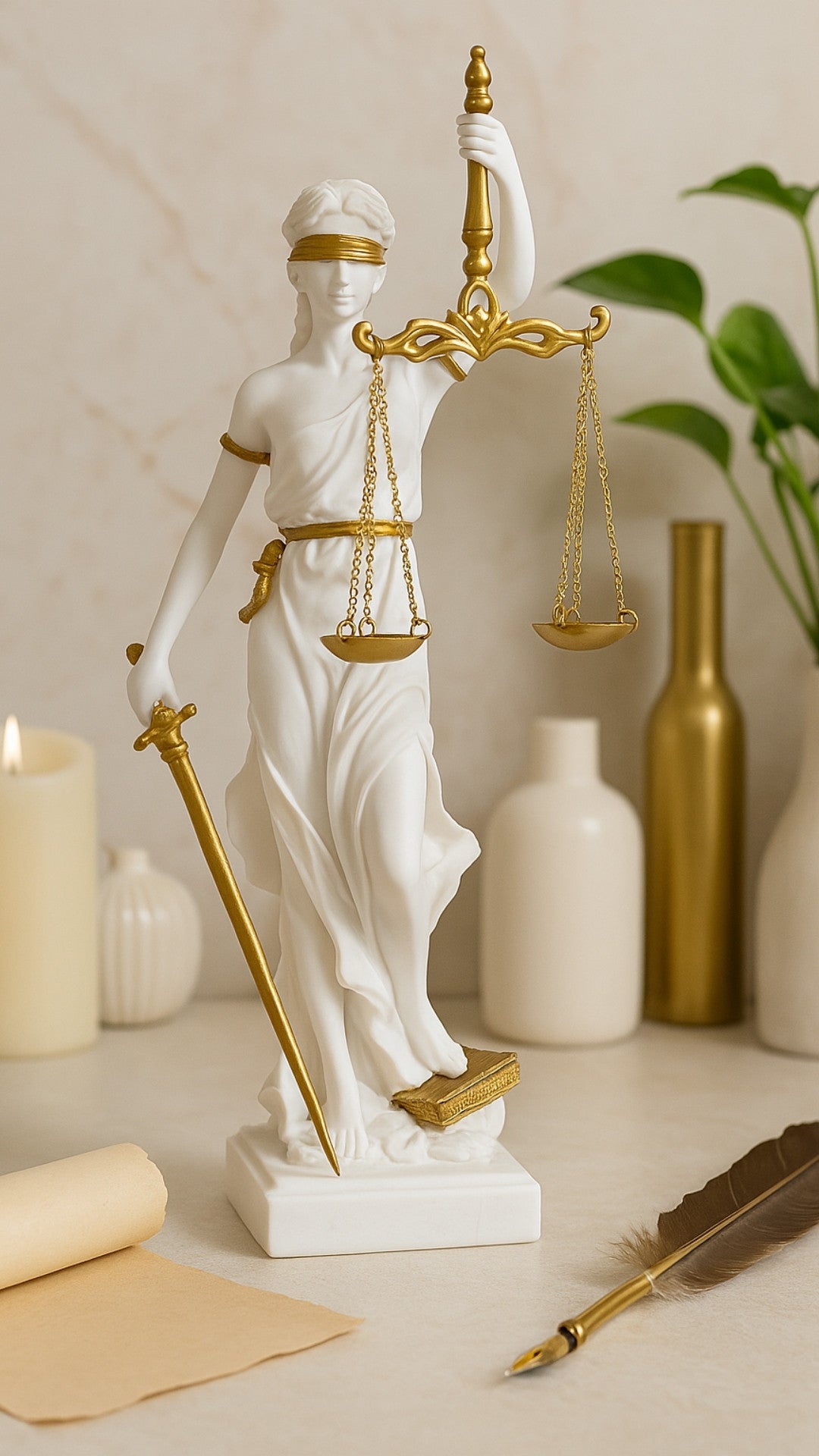 Figur der Themis mit der Möglichkeit einer personalisierten Gravur - elegantes Geschenk für Juristen, Richter oder Jurastudenten, weiß mit goldenen Akzenten, Höhe 35 cm, handbemalt aus Polyresin