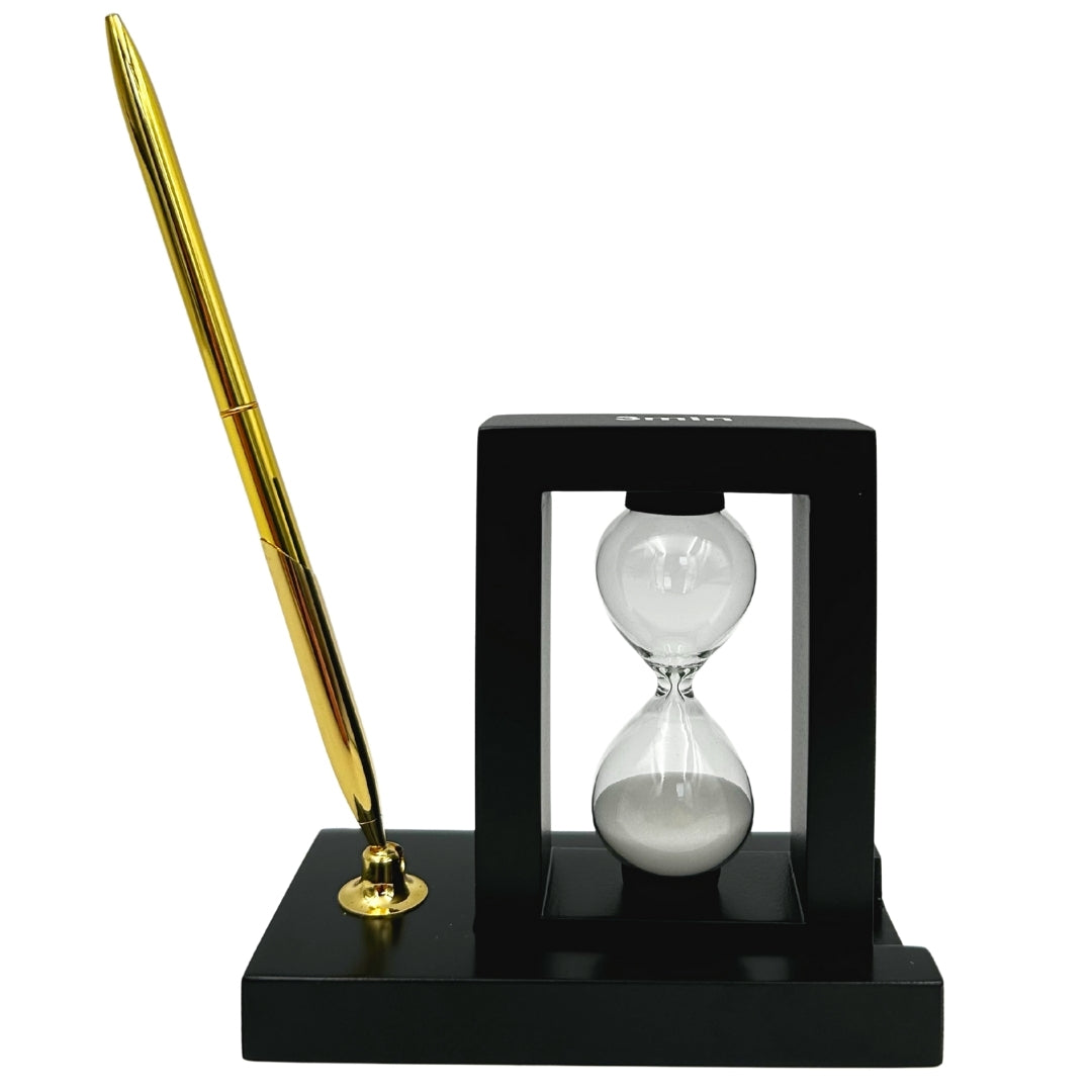 Dekoratives Schreibtisch-Set mit 3-Minuten-Sanduhr und Stifthalter mit Gravur