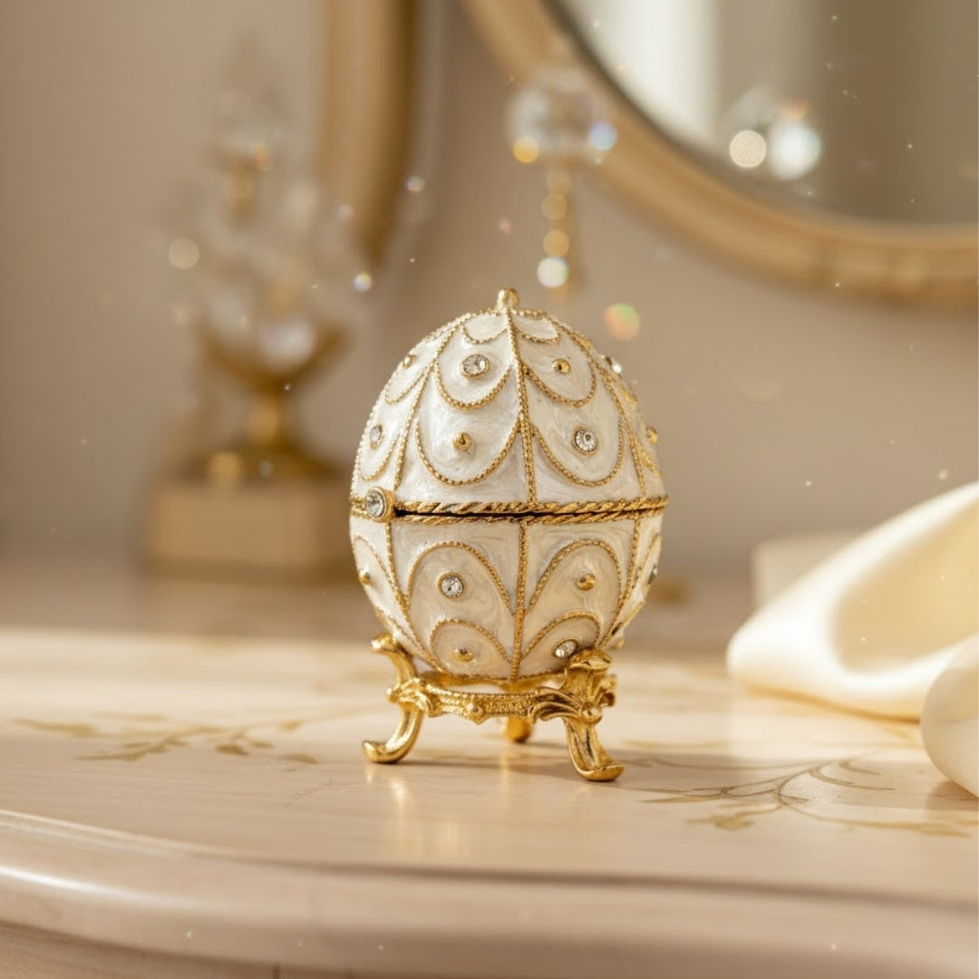 Exklusive Fabergé-Ei Schmuckschatulle aus Metall mit Kristallen in Weiß-Gold mit Gravur-Personalisierung