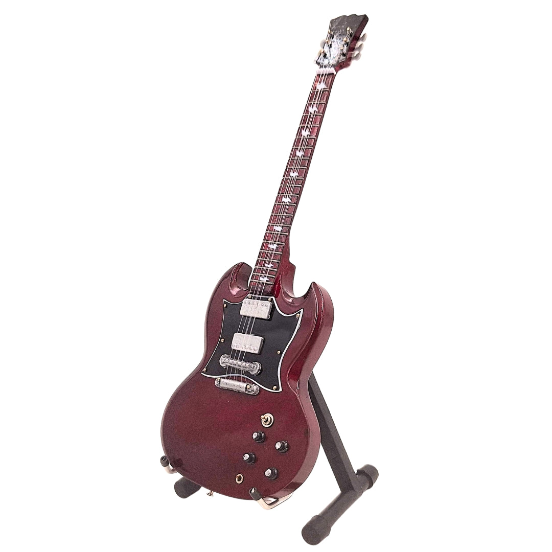 Mini-Gitarre AC/DC Angus Young MGT-0567 mit Möglichkeit zur personalisierten Gravur, ideal als Geschenk, handgefertigt aus Mahagoniholz, braun, Höhe 27,5 cm