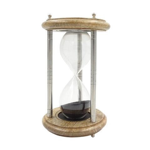 Messing-Holz-Sanduhr 10 min mit Gravur - elegantes Geschenk in Schwarz, Höhe 25 cm, gefertigt aus Metall, Glas und Mangoholz