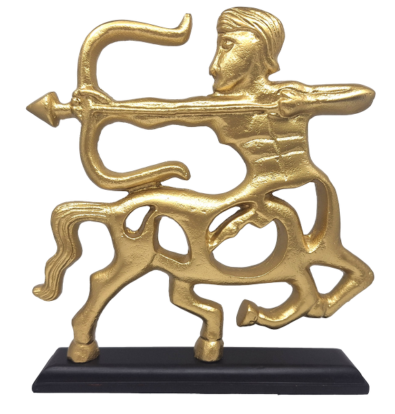 Goldene dekorative Schütze-Figur mit Holzsockel und Option zur Personalisierung durch Gravur