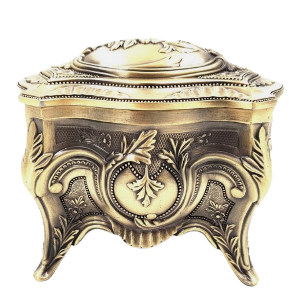 Goldene Retro-Metall-Schmuckschatulle mit personalisierbarer Gravur – elegant und reich verziert, ideal als Geschenk – Maße: 10,8 x 7,7 x 9,2 cm, massiv und eindrucksvoll, perfekt zur Aufbewahrung wertvoller Gegenstände