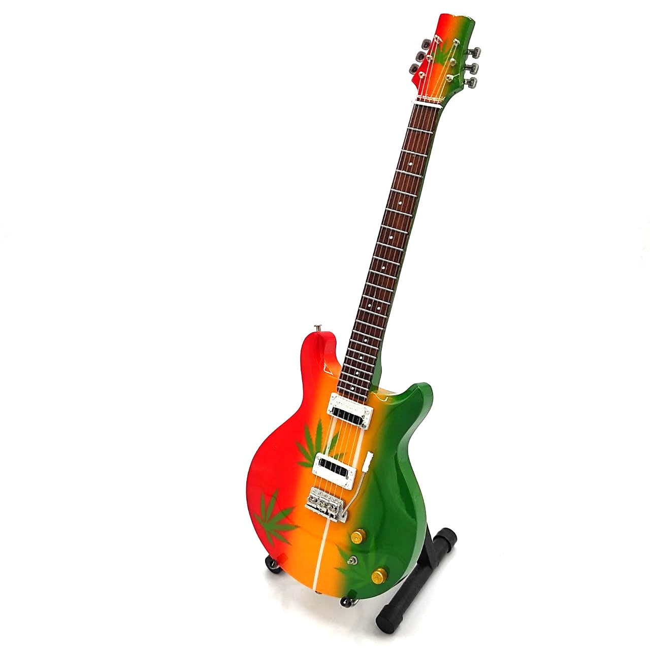 Mini-Gitarre Bob Marley Tribute Ganja MGT-0468 mit Möglichkeit zur personalisierten Gravur, ideales Geschenk für Reggae-Fans, handgefertigt aus Mahagoniholz, Höhe 27,5 cm, Farbe Gelb, Rot, Grün, Weiß