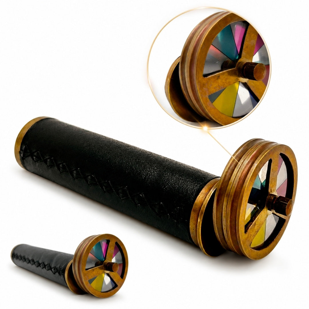Retro-Kaleidoskop aus Messing und Leder mit personalisierbarer Gravur – elegantes Geschenk, Höhe 18 cm, Durchmesser 5,5 cm