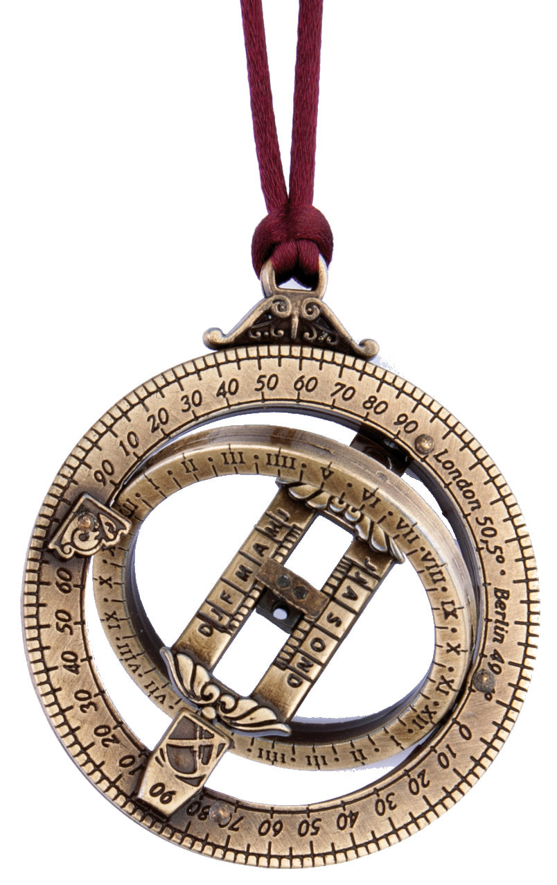 Miniatur Sonnenuhr H90 mit astronomischen Ringen, personalisierte Gravur, ideales Geschenk, bordeauxrotes Band, gefertigt aus Zinklegierung und Messing, Durchmesser 45 mm