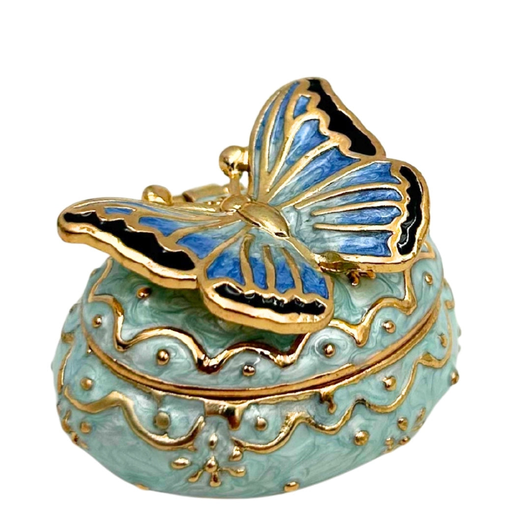 Exklusive Schmuckschatulle Schmetterling mit Kristallen, personalisiert mit Gravur, Weiß-Gold, Höhe 3,5 cm