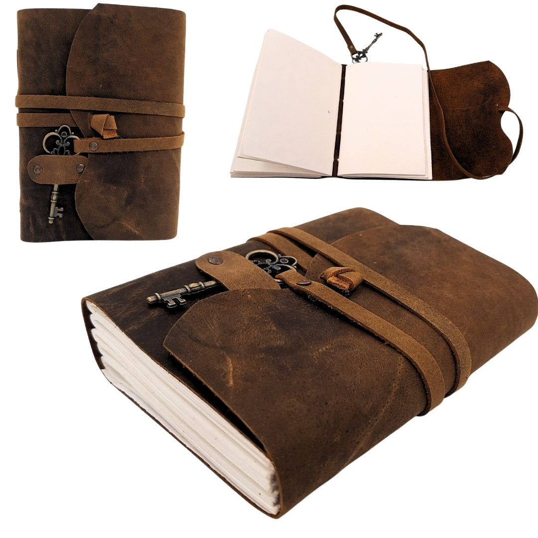 Retro Leder-Notizbuch mit Schlüssel und Riemen, 200 Seiten, 18 x 13 cm
