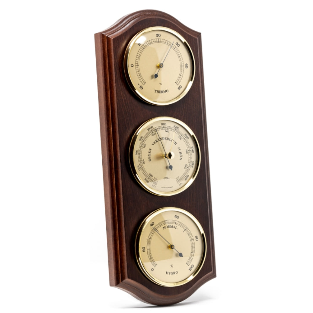Wetterstation Fischer 9176-22 mit Barometer, Hygrometer und Thermometer in einem Messingrahmen auf Mahagonibasis mit Option zur personalisierten Gravur