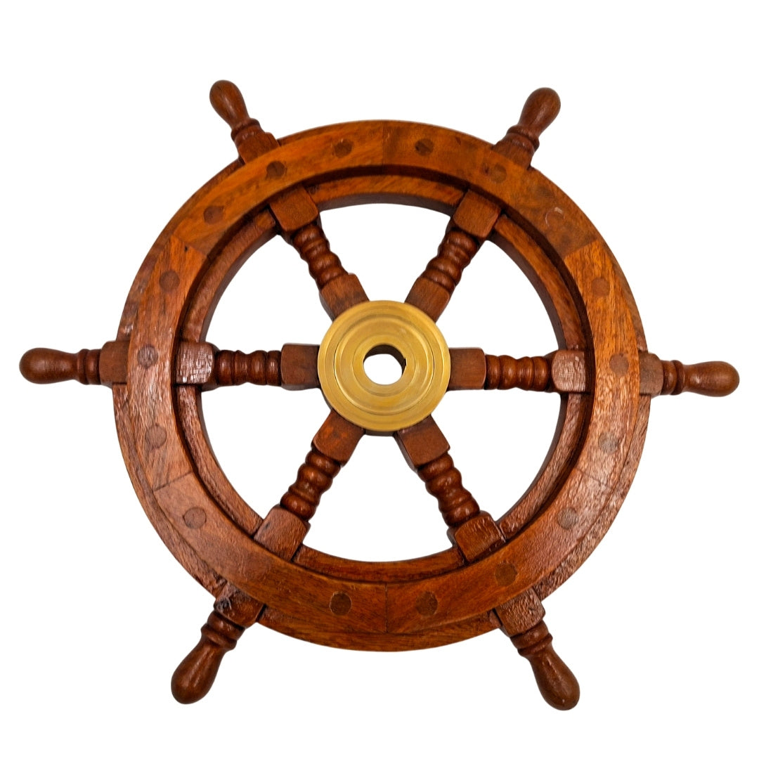 Hölzernes Steuerrad mit Messingeinsatz und Platz für einen Keil - Durchmesser 30 cm - ideales Geschenk mit Möglichkeit zur Personalisierung durch Gravur - maritimer und Retro-Stil