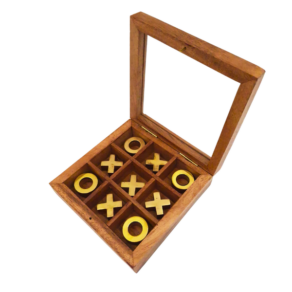 Elegantes Tic-Tac-Toe im Glasdeckel-Kästchen mit Gravurpersonalisierung - Luxuriöses Set aus Holz und Messing, ideal als Geschenk für Lehrer und Schulleiter - Maße 12,5 x 12,5 x 2,5 cm