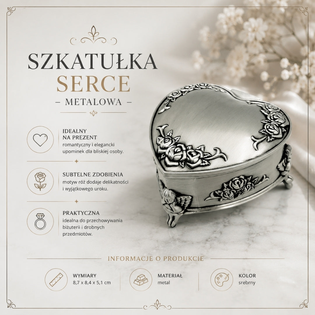 Metall-Schmuckschatulle in Herzform mit personalisierbarer Gravur – elegantes Geschenk zu Valentinstag, Jubiläum oder Geburtstag, verziert mit Rosenmotiv, Maße 8,7 x 8,4 x 5,1 cm