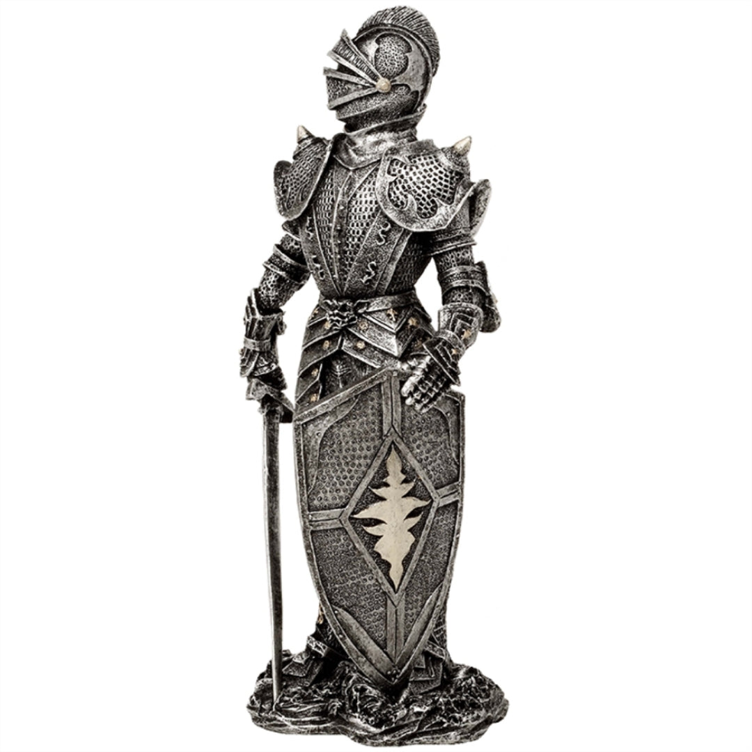 Dekorative Figur Ritter in silberner Rüstung 30 cm mit Gravur-Personalisierung – Elegantes Geschenk für Geschichts- und Fantasy-Liebhaber, handbemalt aus Polyresin