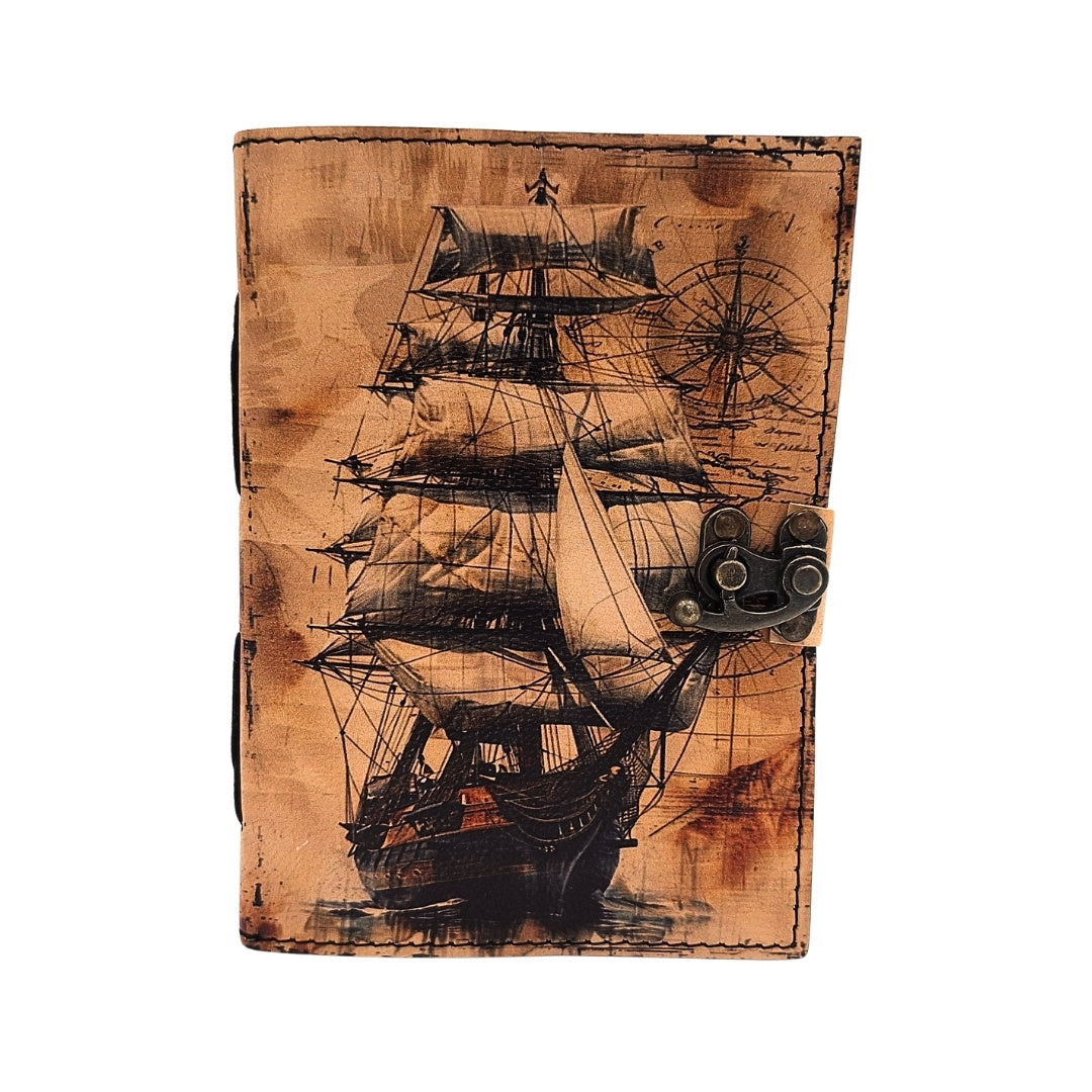 Maritimes Retro Leder-Notizbuch Segelschiff mit Gravur