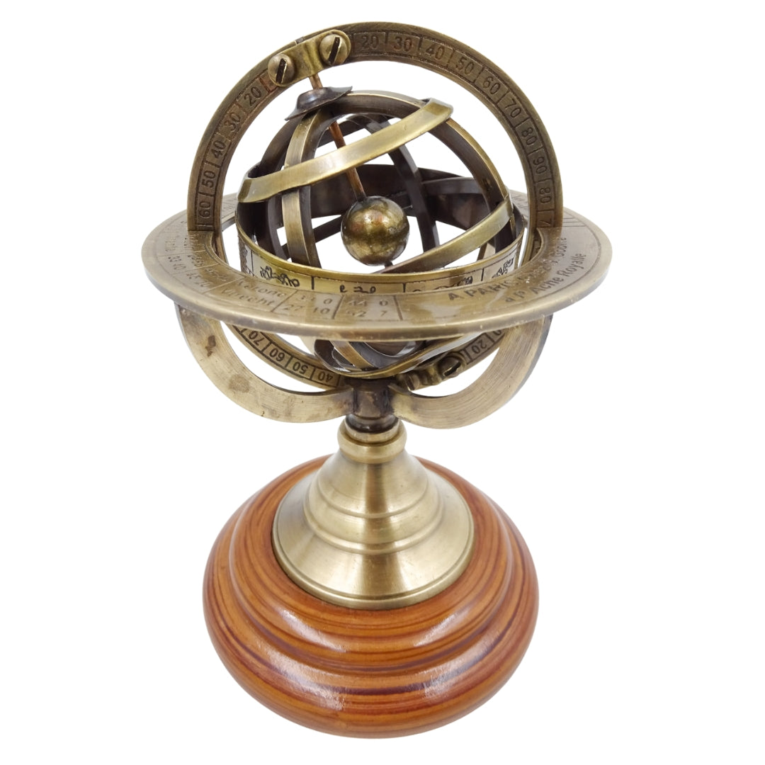 Messing-Astrolabium 14 cm mit Gravur – einzigartiges Geschenk für Astronomie-Liebhaber, elegante Dekoration aus Messing und Holz in Goldfarbe