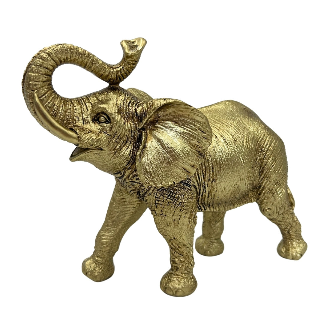Goldener Elefant mit erhobenem Rüssel – elegante Dekofigur mit personalisierbarer Gravur, ideal als Geschenk – Höhe 20,5 cm, Material Polyresin