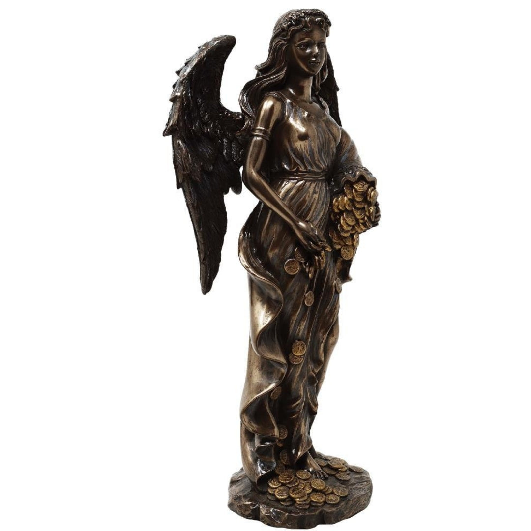 Figur Fortuna, Göttin des Glücks und Reichtums, 29 cm mit Füllhorn – personalisierte Gravur als Geschenk, elegante Dekoration aus Harz-Konglomerat in Braun- und Kupfertönen