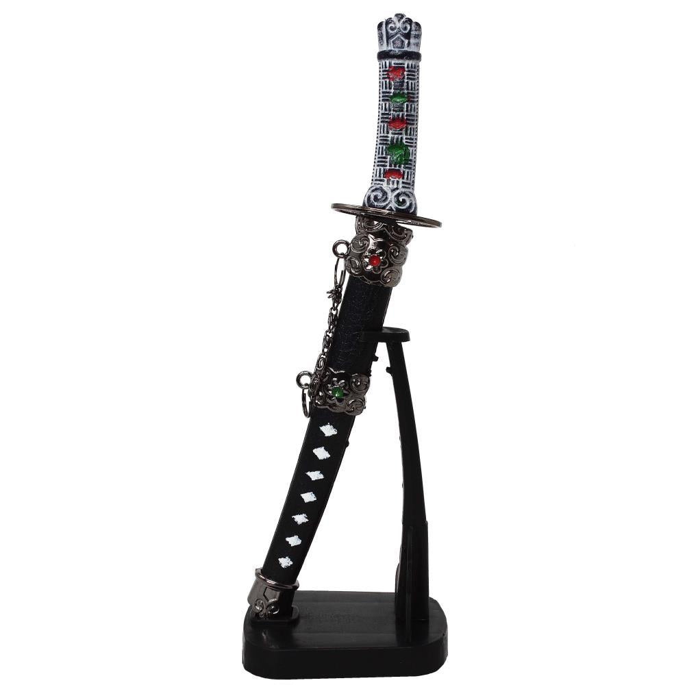 Personalisierter Brieföffner in Form eines Samuraischwerts mit Gravur auf Ständer, 21 cm hoch