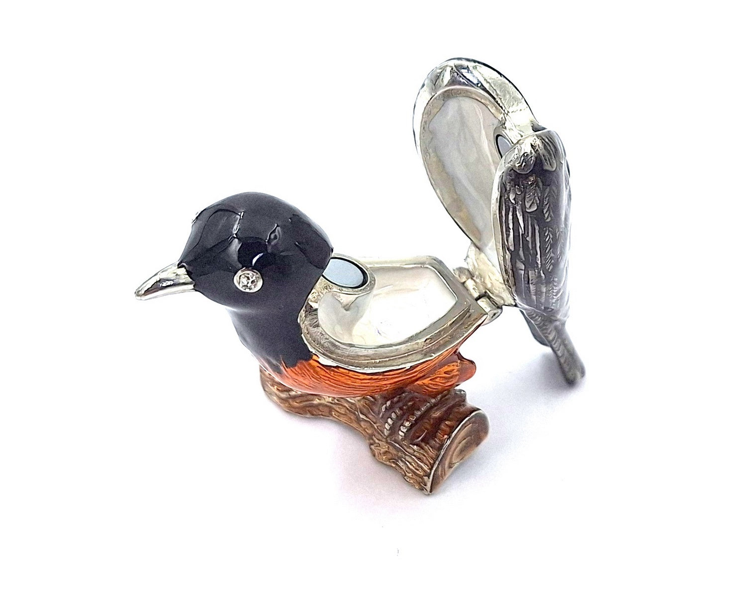 Metallbox in Vogel-Form mit Kristallen, personalisierbar mit Gravur, ideales Geschenk - schwarz, silber, braun, orange, Maße 5x6x5 cm, Material: Metall, Emaille, Kristall