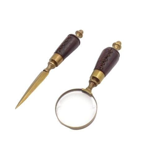 Schreibtischset mit Lupe und Brieföffner MIS-0742 mit Gravurpersonalisierung, elegante Lederfassung, ideal als Geschenk, Maße: 18 x 7,5 x 3,5 cm (Lupe), 18 x 3,5 x 3,5 cm (Brieföffner)
