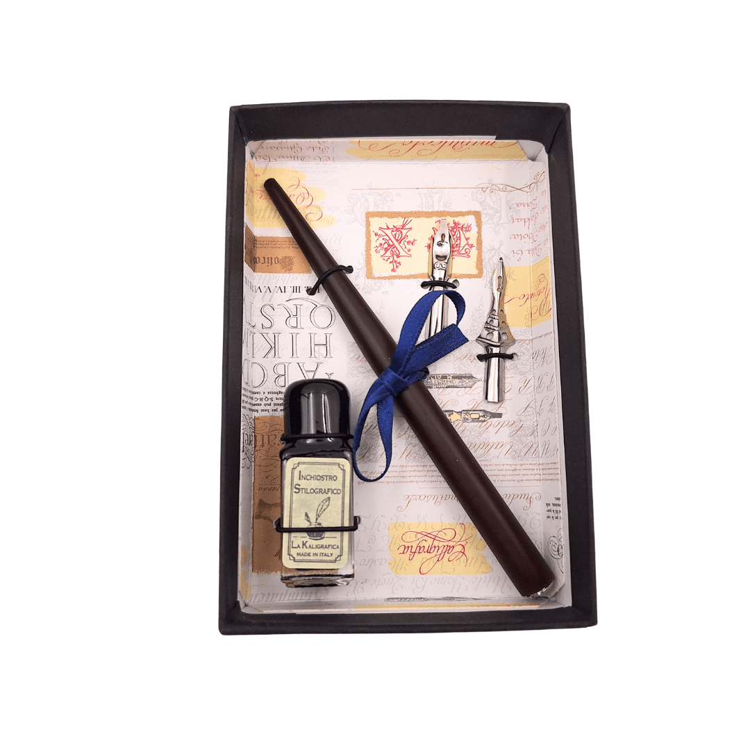 Kalligrafie-Set mit personalisierter Gravur – italienischer Federhalter mit zwei Federn und Tintenfass, ideal als Geschenk – elegante Verpackung 12,5x8,5x3 cm