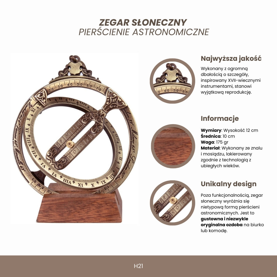 Sonnenuhr H21 mit astronomischen Ringen, personalisierte Gravur, elegantes Geschenk für den Schreibtisch, Höhe 12 cm, Messing und Zinklegierung