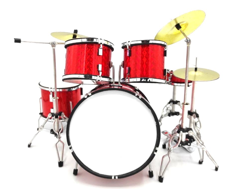Mini-Schlagzeug rot MDR-0121 mit individueller Gravurmöglichkeit, ideal als Geschenk, Höhe 15 cm, aus Metall und Kunststoff, Maßstab 1:5