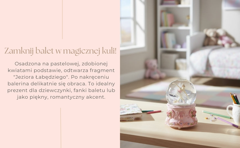 Tanzende Ballerina in einer 15 cm Glaskugel mit personalisierter Gravur – Elegante Spieluhr mit pastellfarbenem Sockel und Melodie Schwanensee