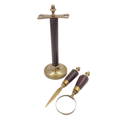 Schreibtischset mit Lupe und Brieföffner MIS-0742 mit Gravurpersonalisierung, elegante Lederfassung, ideal als Geschenk, Maße: 18 x 7,5 x 3,5 cm (Lupe), 18 x 3,5 x 3,5 cm (Brieföffner)