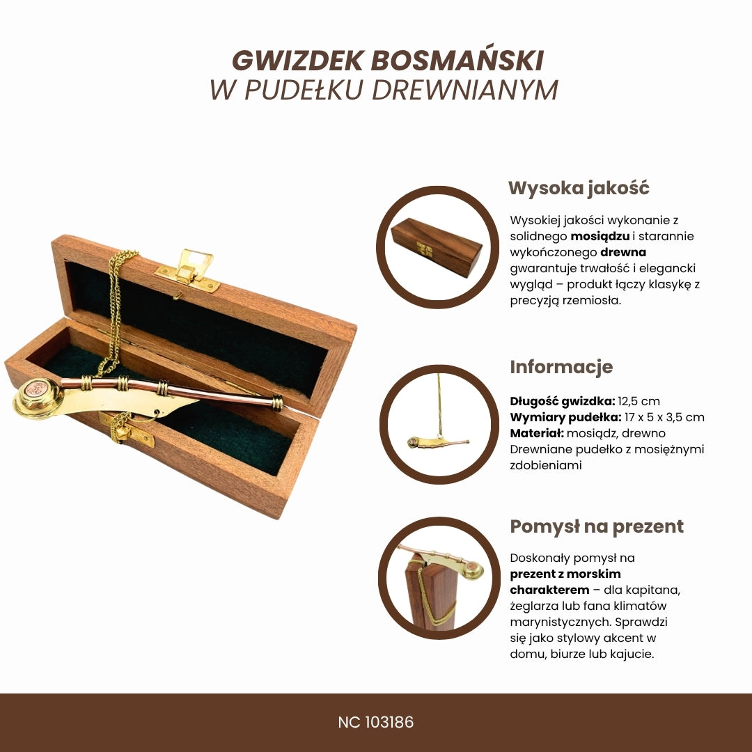 Steuermanns-Pfeife mit Gravur in eleganter Holzbox – Messing, 12,5 cm