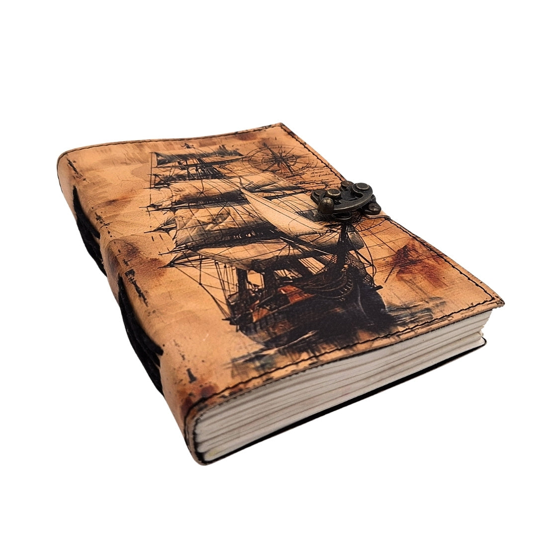 Maritimes Retro Leder-Notizbuch Segelschiff mit Gravur