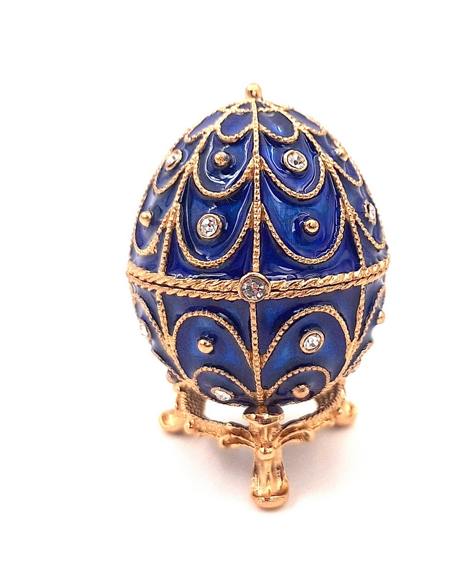 Exklusive Metall-Geschenkbox mit Kristallen in Fabergé-Ei-Form, Marineblau-Gold, 5,5x6,5 cm, personalisierbare Gravur