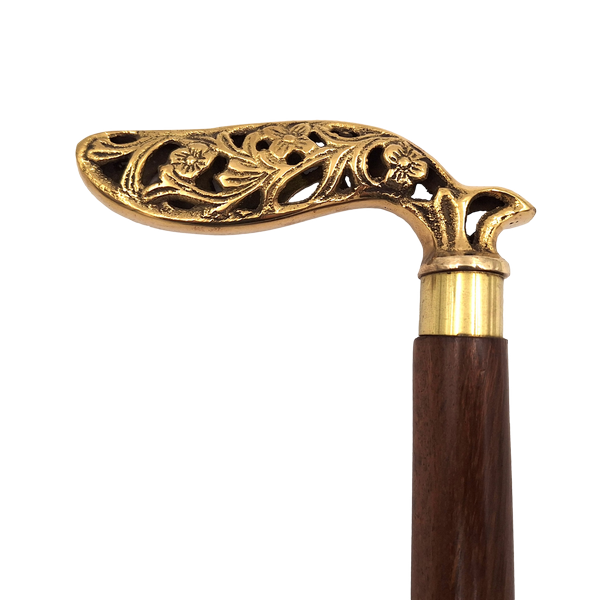 Eleganter zusammenklappbarer Holzstock mit reich verziertem Griff in Braun und Gold mit der Möglichkeit einer personalisierten Gravur