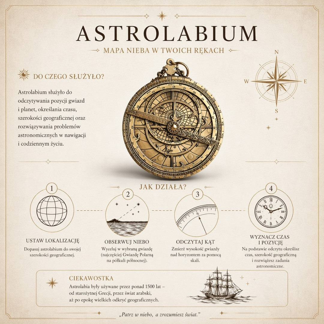 Europäisches Astrolabium H32 – Premium-Renaissance-Replik mit personalisierbarer Gravur – ideales Geschenk mit elegantem Holzsockel – Höhe 12 cm, handgefertigt mit Liebe zum Detail