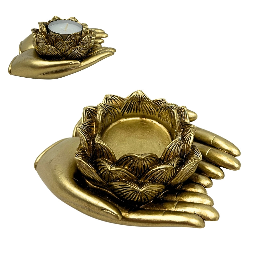 Goldener Glamour-Teelichthalter mit personalisierbarer Gravur – elegantes Deko-Element 11,5 x 9,4 x 4,8 cm aus Polyresin
