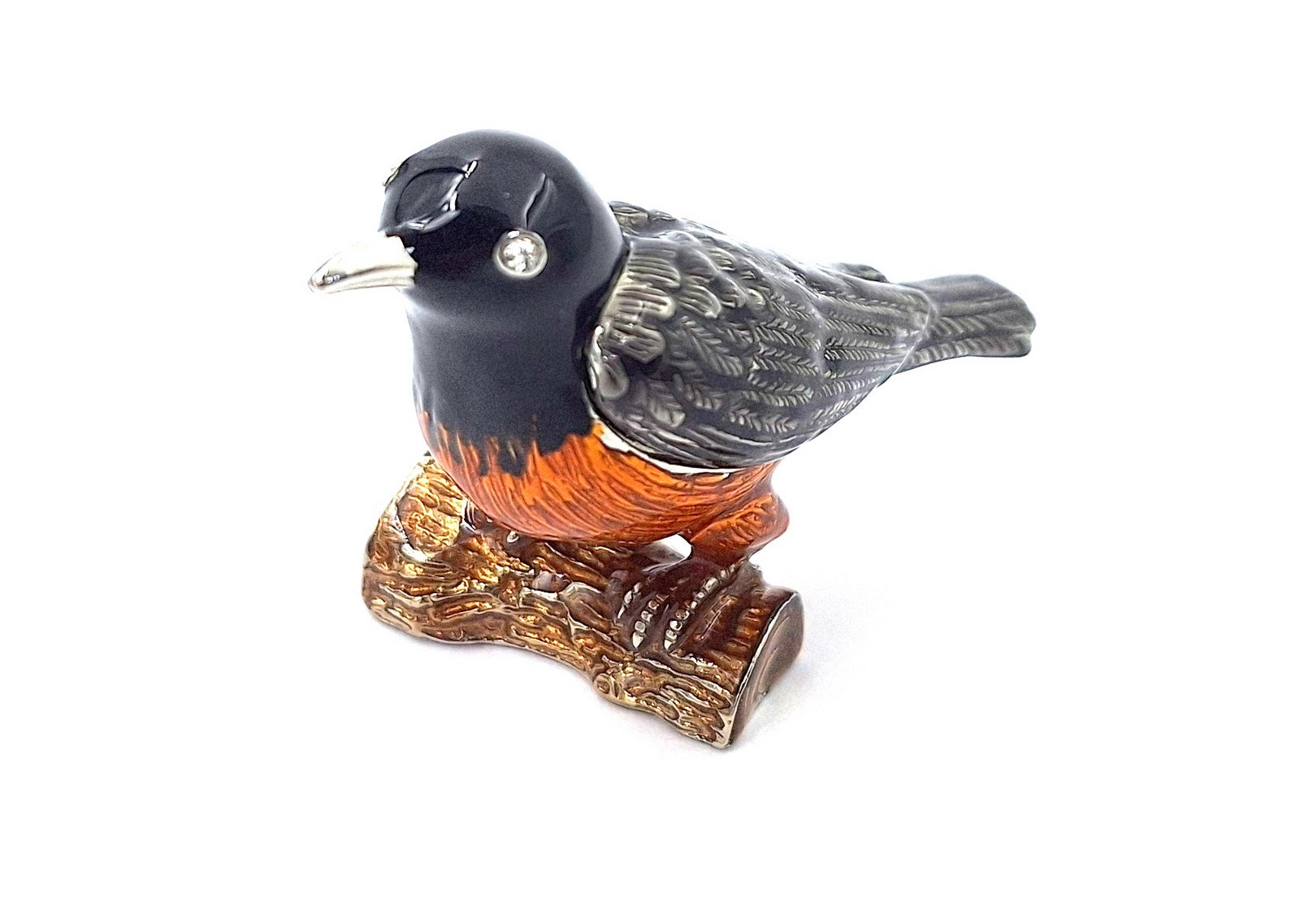 Metallbox in Vogel-Form mit Kristallen, personalisierbar mit Gravur, ideales Geschenk - schwarz, silber, braun, orange, Maße 5x6x5 cm, Material: Metall, Emaille, Kristall