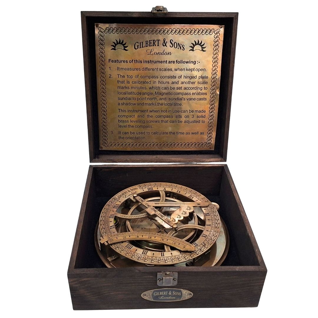 Messingkompass 20 cm mit Sonnenuhr in einer Holzkiste mit Möglichkeit zur Gravurpersonalisierung