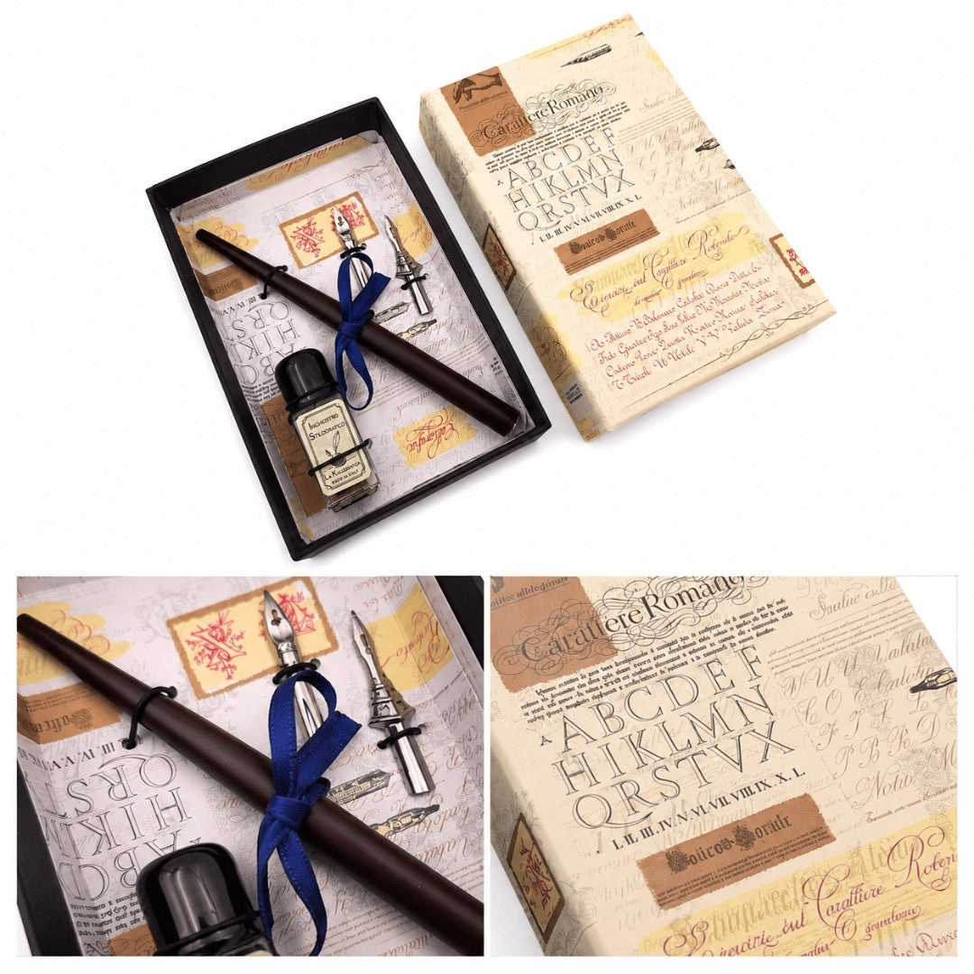 Kalligrafie-Set mit personalisierter Gravur – italienischer Federhalter mit zwei Federn und Tintenfass, ideal als Geschenk – elegante Verpackung 12,5x8,5x3 cm