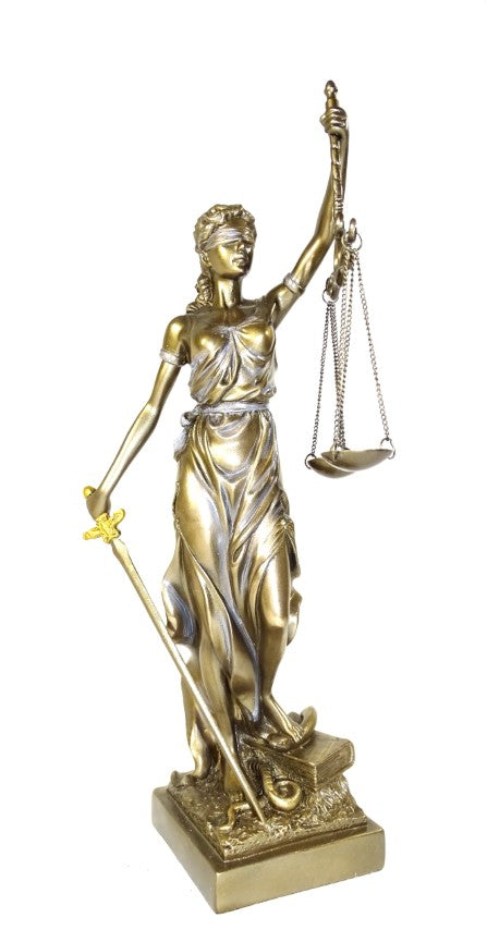 Temida-Figur 35 cm mit der Möglichkeit der Personalisierung durch Gravur - elegantes Geschenk für Juristen, Richter oder Rechtsanwälte, gefertigt aus Polyresin in goldener Farbe mit antikem Finish