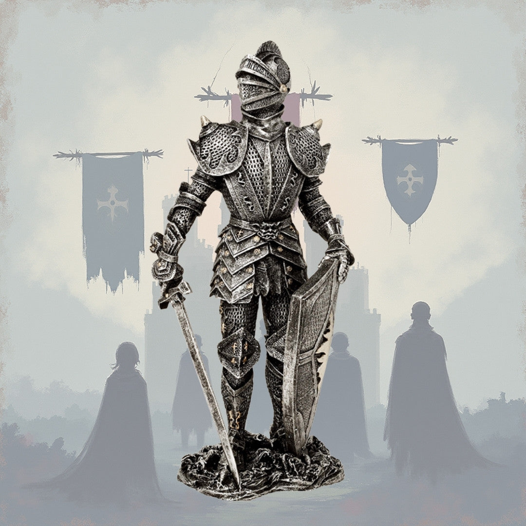 Dekorative Figur Ritter in silberner Rüstung 30 cm mit Gravur-Personalisierung – Elegantes Geschenk für Geschichts- und Fantasy-Liebhaber, handbemalt aus Polyresin