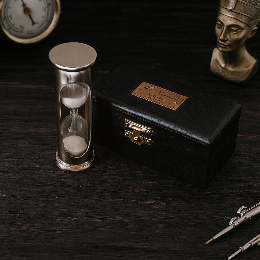 Messing-Sanduhr Retro mit Holzkiste – personalisierte Gravur – ideales Geschenk für 1 Minute – Höhe 8,5 cm – stilvolle Schreibtischdekoration