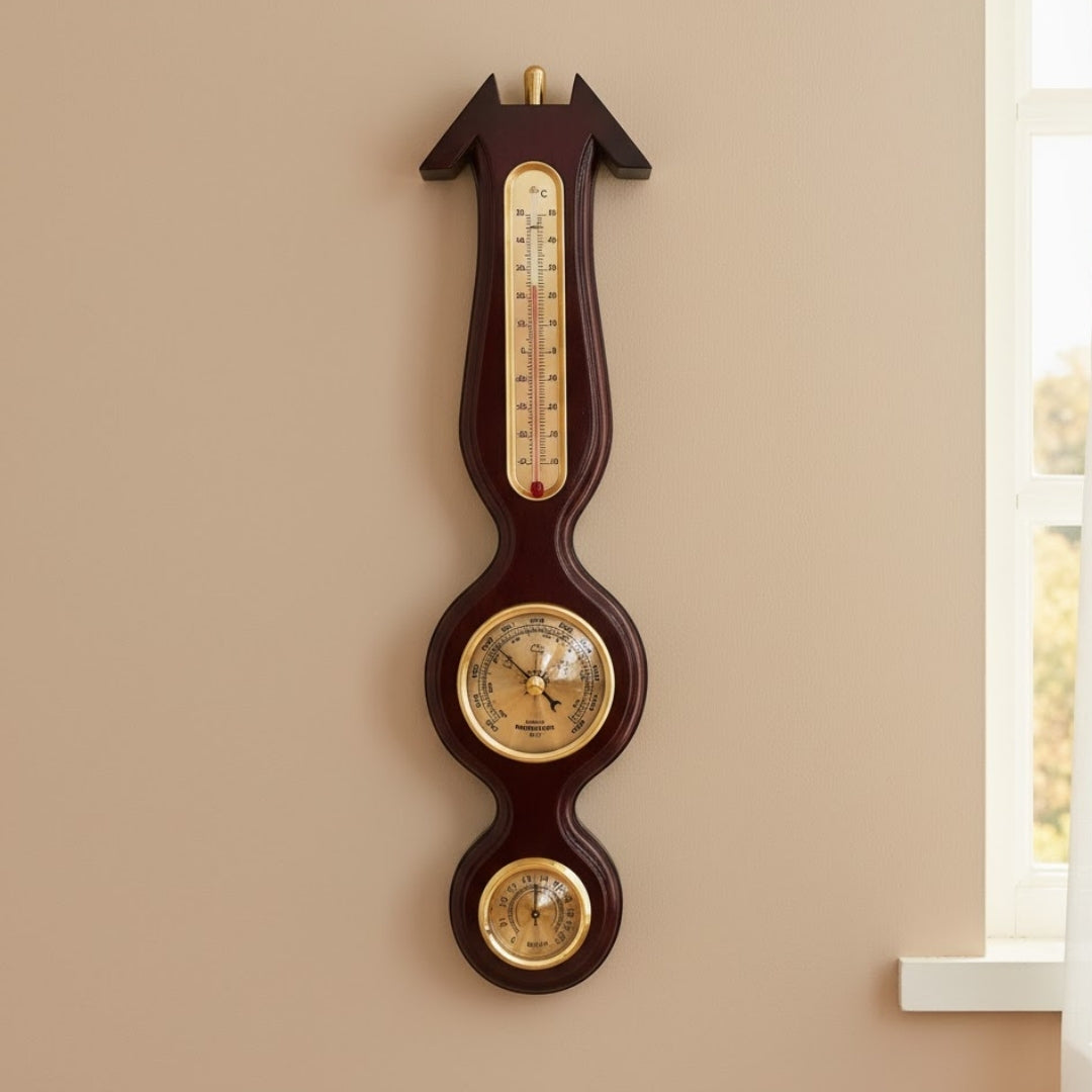Elegante 3-in-1 Wetterstation mit Gravur – Thermometer, Barometer, Hygrometer in dunklem Holz, 40 cm