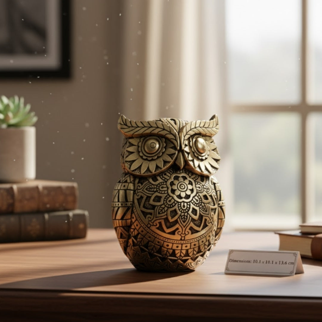 Eule der Weisheit mit der Möglichkeit einer personalisierten Gravur, Dekoration in Gold und Schwarz, Höhe 13,6 cm, ideales Geschenk für jeden Anlass