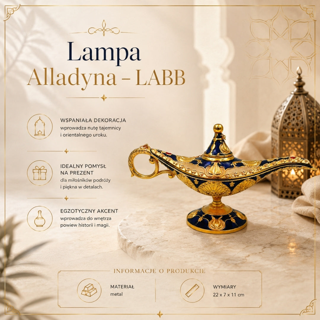 Aladinslampe LABB mit Metallverzierungen in Goldfarbe, Dunkelmarineblau, 22 x 7 x 11 cm