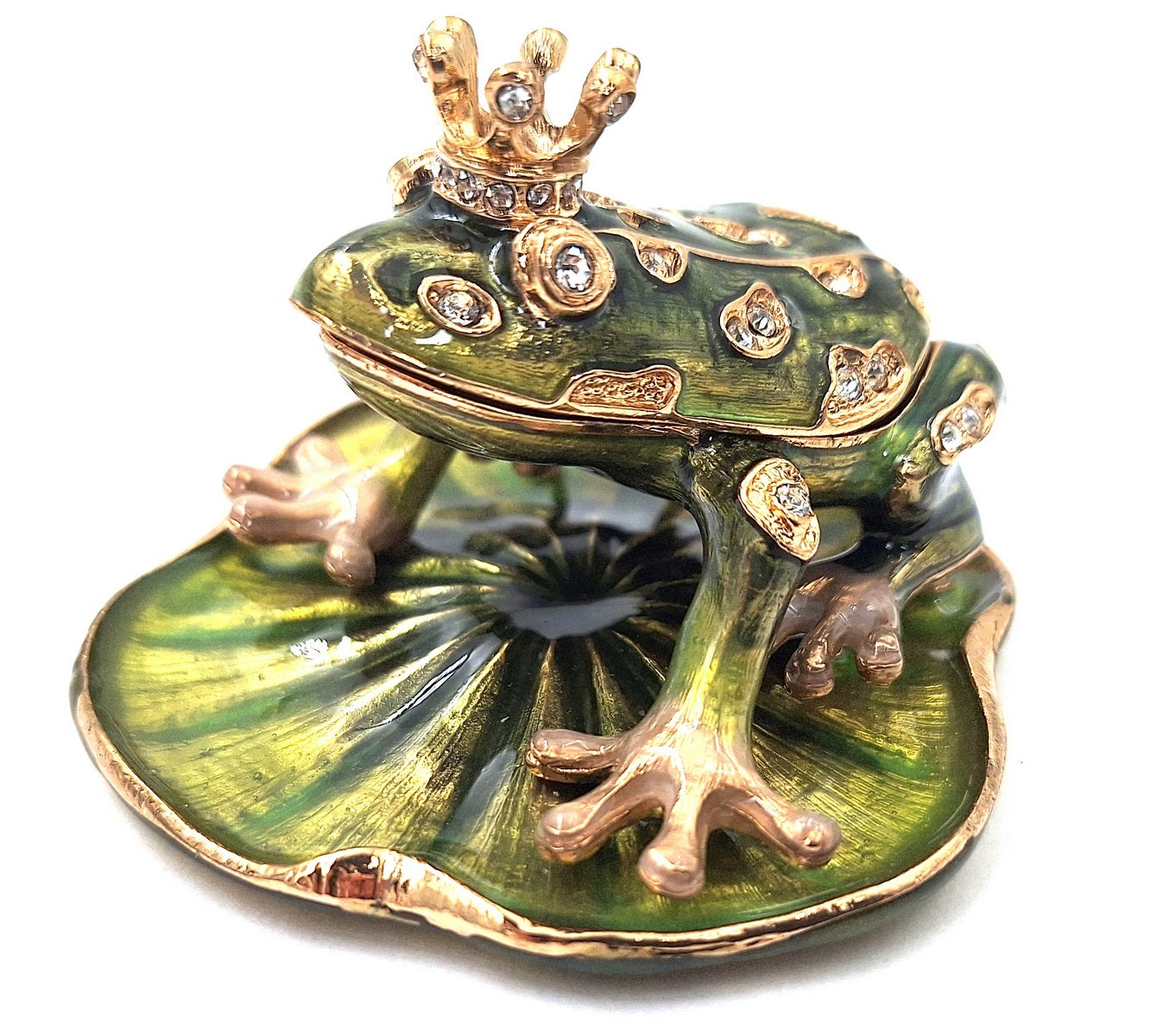Exklusive Metall-Geschenkbox in Froschform mit Kristallen, dunkelgrün und gold, personalisierbare Gravur, ideales Geschenk, Maße 6,5x6,7x4,5 cm